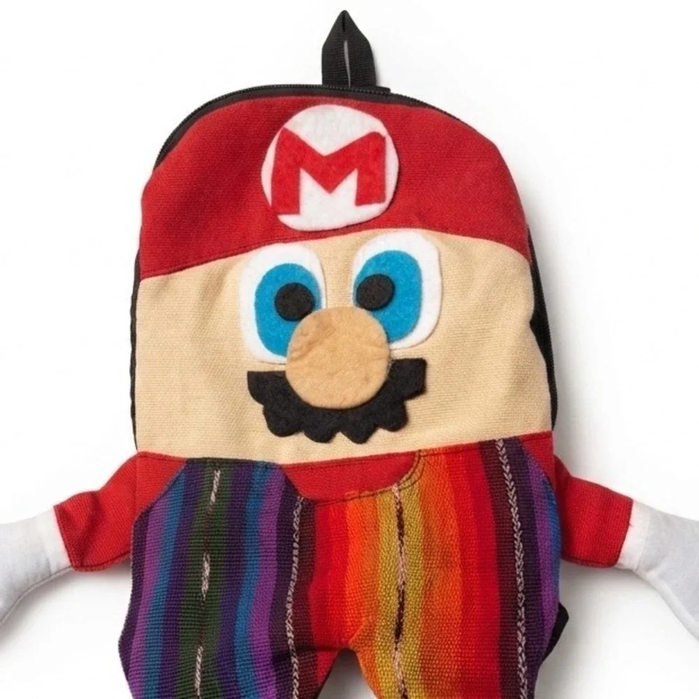 Mario Plush Backpack Handmade Woven Rainbow Pants Video Game Novelty Bag Red